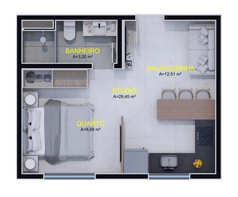 Planta de studio com sala, quarto, cozinha e banheiro