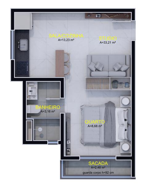 Planta de studio com medidas dos ambientes